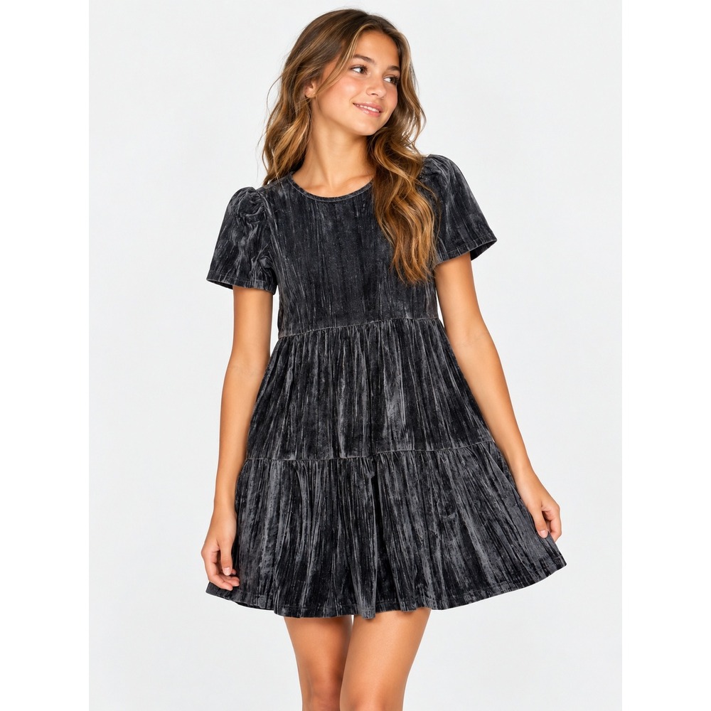 Gap Kids Girls Gray Velvet Tiered Short Sleeve Dress XXL 14-16 NWT